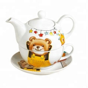 cute cartoon bear decal 3 pcs ceramic tea set for one service with tea pot, cup and saucer