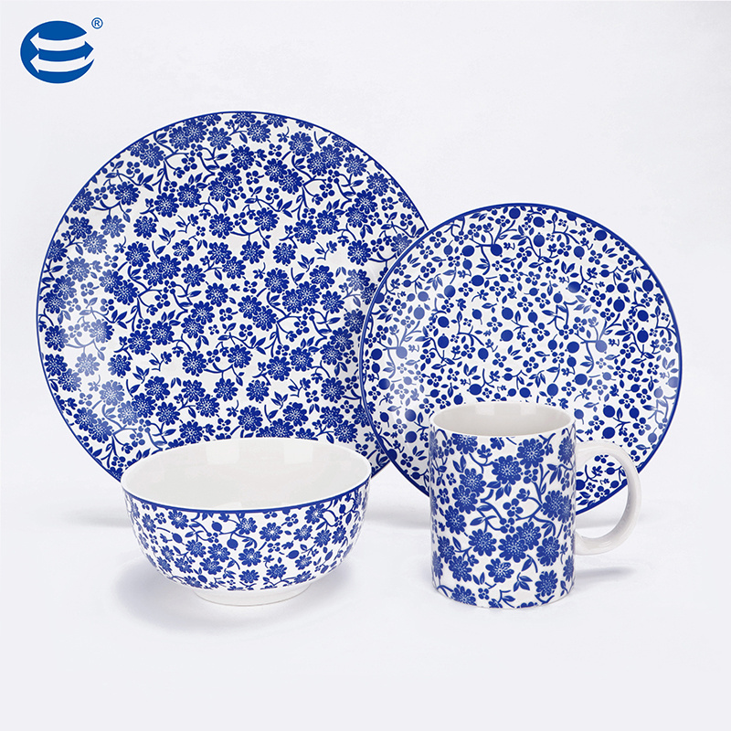 Wholesale blue and white porcelain dinnerware set retro tableware luxury restaurant dinner plates ceramic tableware sets