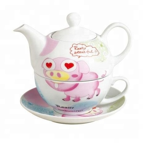 cute cartoon bear decal 3 pcs ceramic tea set for one service with tea pot, cup and saucer