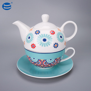 Wholesale Tea Pot And Cup For One Custom Vintage Pattern Design Ceramic White Blue Porcelain Tea Kettle Teapot And Cup In One