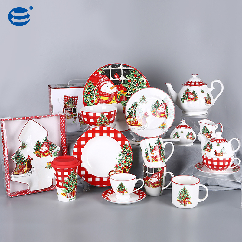 High Quality Nordic 4pcs Coffee Mug For Christmas Gift Box Cute Snowman Tea Cup Porcelain Kitchenware Sets