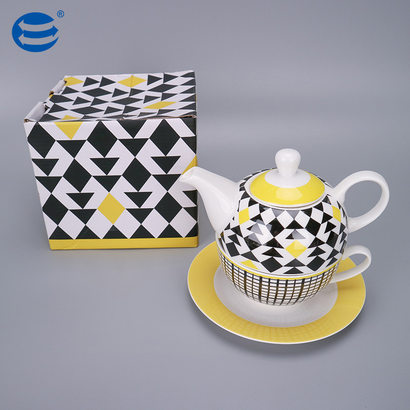 High quality ceramic teapot for one modern design yellow black teapot and cup in one for hotel restaurant use tea sets