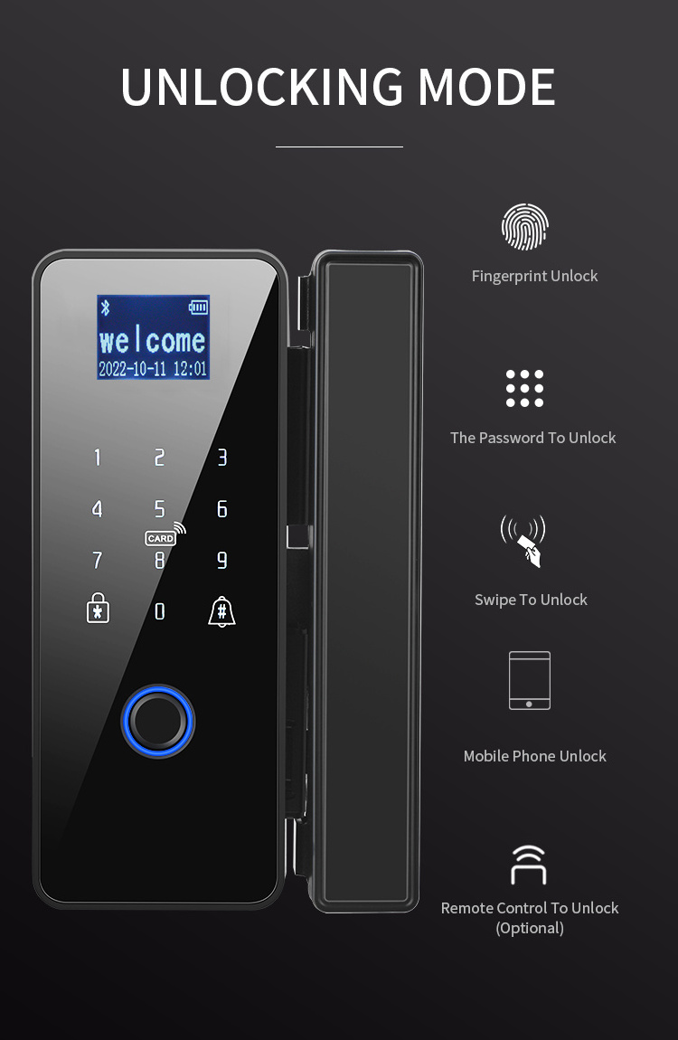 Yipin tuya app remote tuya fingerprint key card password wifi digital frameless glass door office smart lock