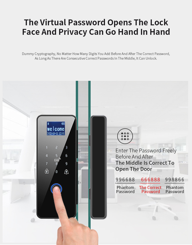 Yipin tuya app remote tuya fingerprint key card password wifi digital frameless glass door office smart lock