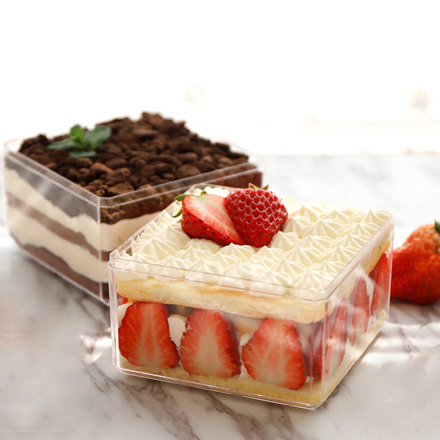 Wholesale transparent square PS plastic tiramisu dessert container pastry packaging box