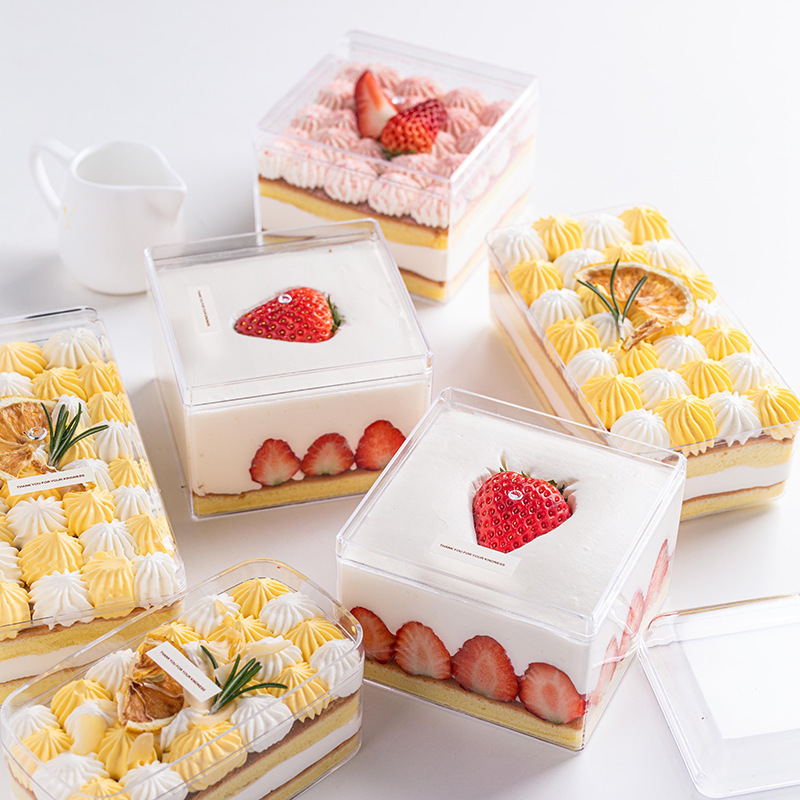 Wholesale transparent square PS plastic tiramisu dessert container pastry packaging box