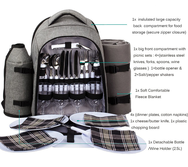 2023 Custom Picnic set multifunction 4 person Cooler Compartment Wine Bag picnic basket backpacks bag waterproof with Blanket