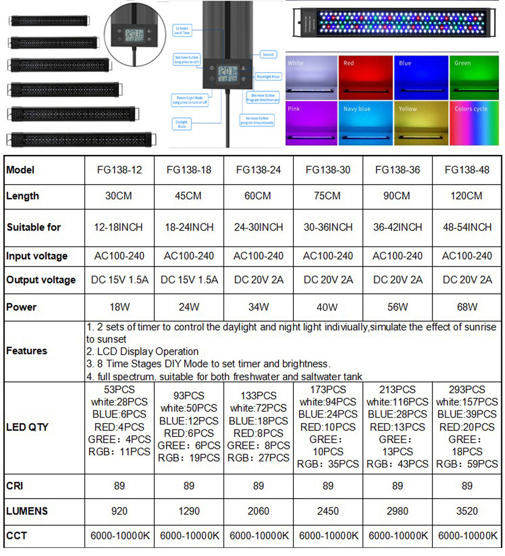 Auto On Off LED Aquarium Light Extendable 42-48 Inches 7 Colors Full Spectrum Light Fixture for Freshwater Build in Timer