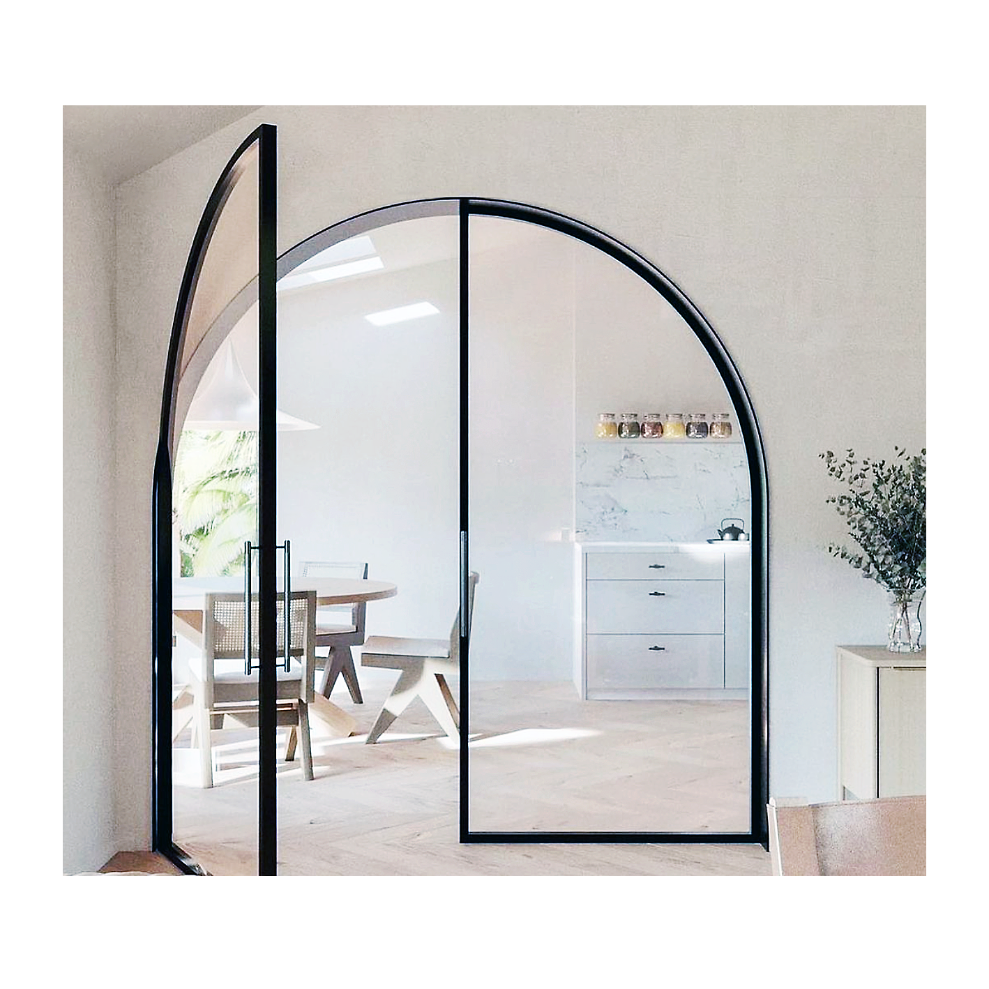 Indoor arched floor double glass door adopts the whole piece of large glass door arc top double toughened glass doors for houses