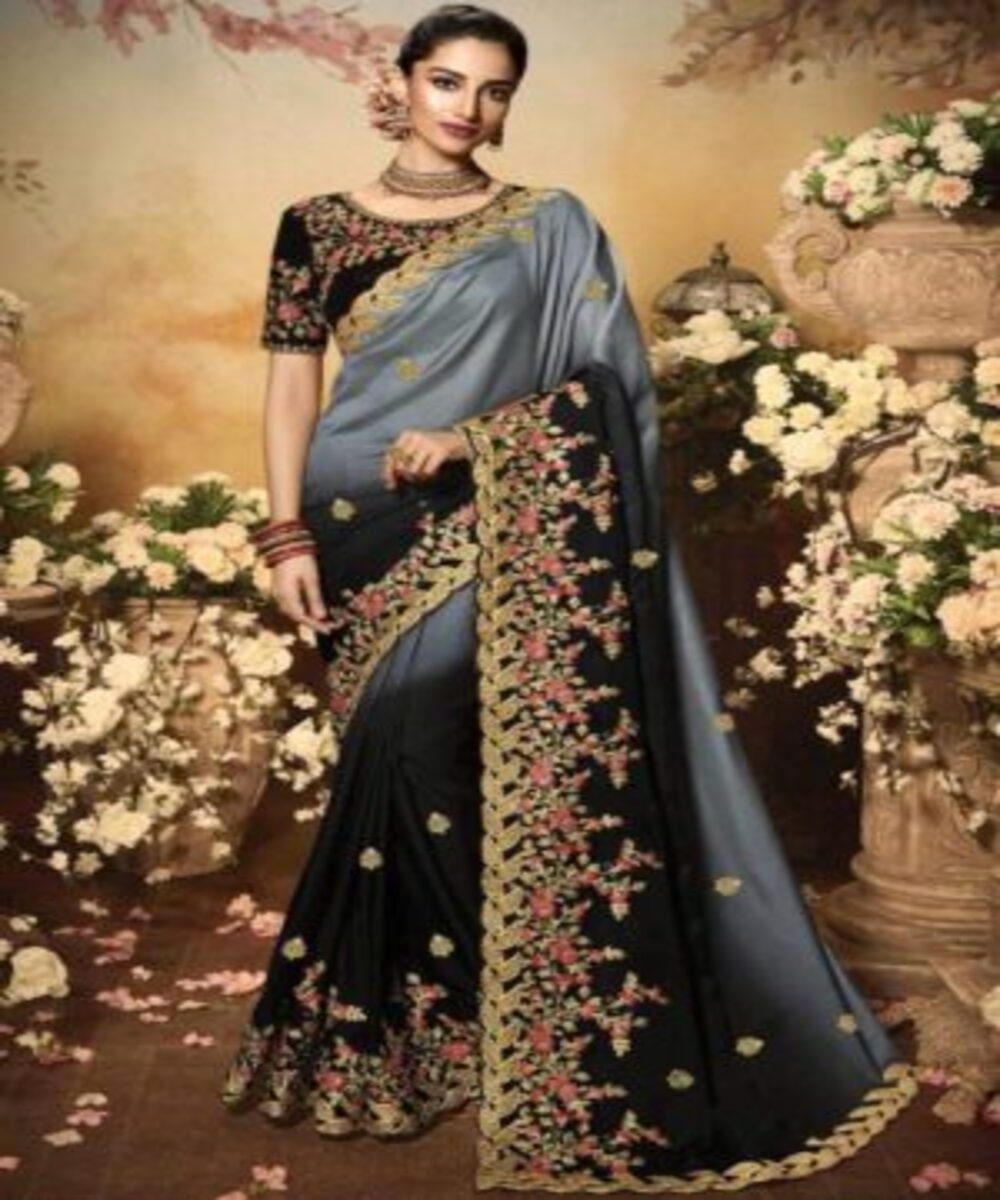 Fancy georgette embroidery thread work saree with zari detailing with unstitched blouse for seasonable occasions in lowest price