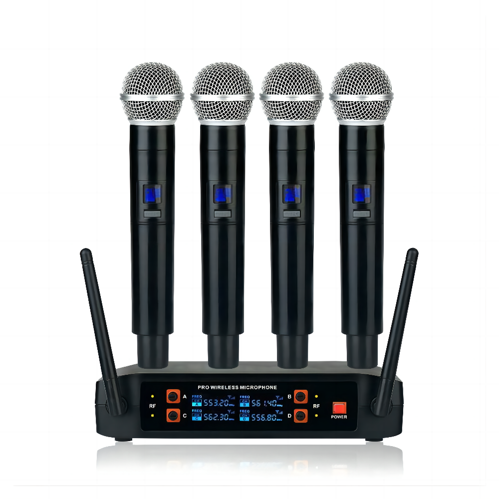 4 Wireless Microphone Professional 4 Channels Handheld System for Home Karaoke Meeting Party Church DJ Wedding Home KTV Set