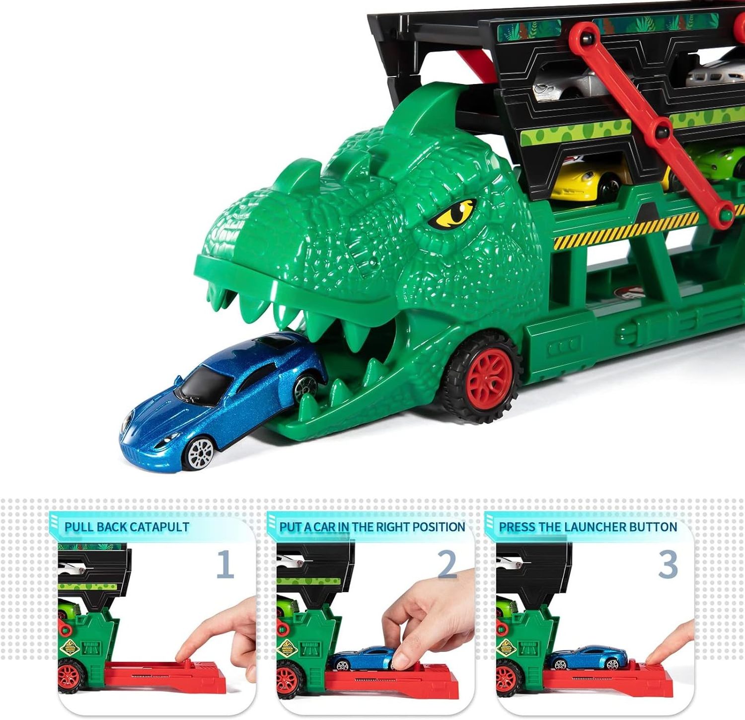 EPT Wholesale Boys Slot Dinosaur Transport Truck Toy with 6 Diecast Race Cars