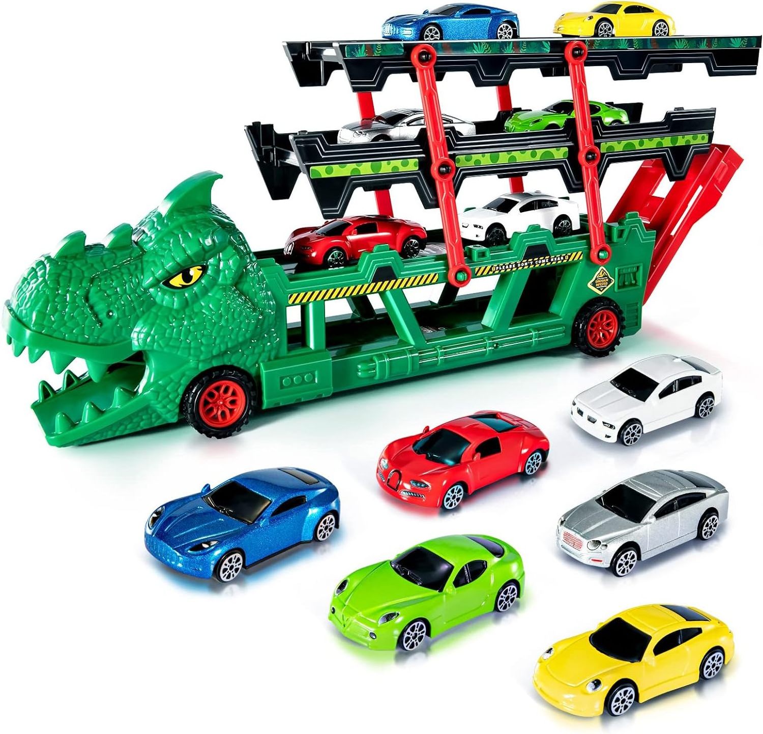 EPT Wholesale Boys Slot Dinosaur Transport Truck Toy with 6 Diecast Race Cars