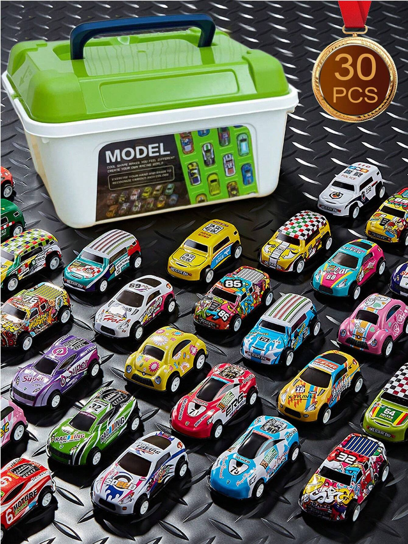 EPT Factory 30 Pack Alloy Mini Diecast Race Cars Pull Back Friction Toys Vehicles Cars with Storage Box