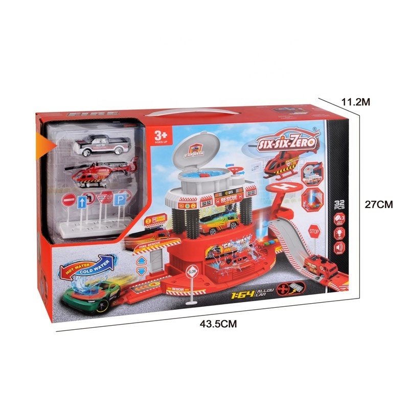 Hot water color changed car washing station parking lot toys with free wheel car set light and music