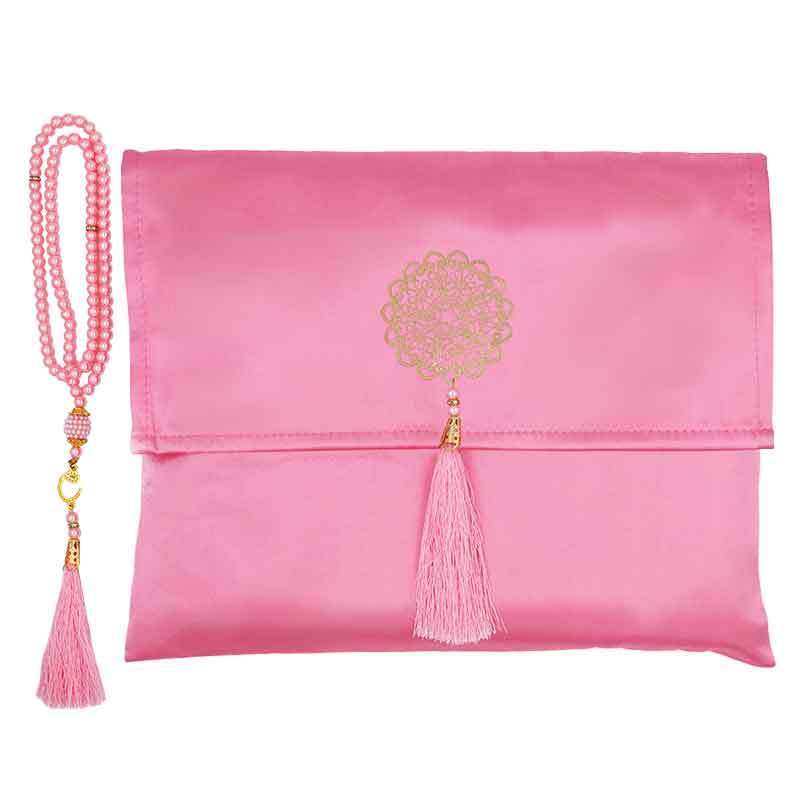 2024 Travel portable turkish prayer mat rug with the prayer beads in satin pouch set for Ramadan gifts