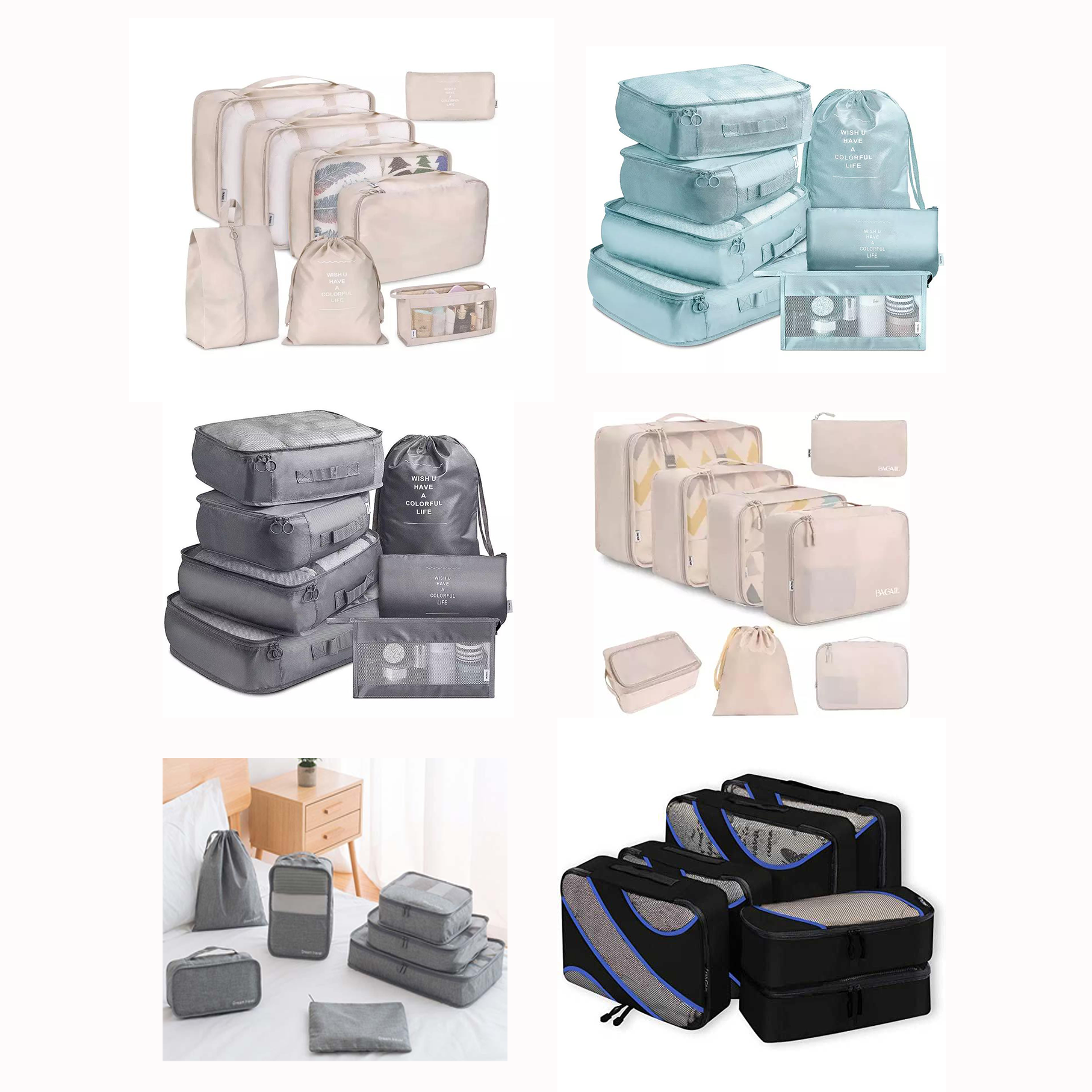 OEM/ODM 7 Set Compression Packing Cubes with Shoe Bag Travel Luggage Suitcase Organizer