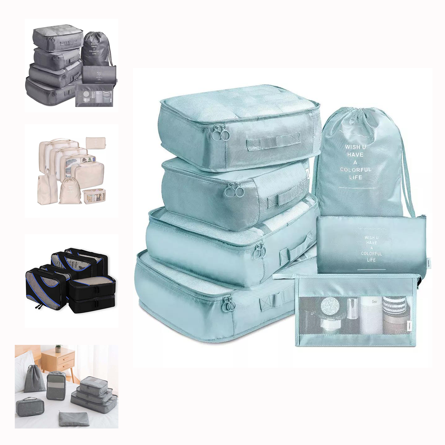 OEM/ODM 7 Set Compression Packing Cubes with Shoe Bag Travel Luggage Suitcase Organizer