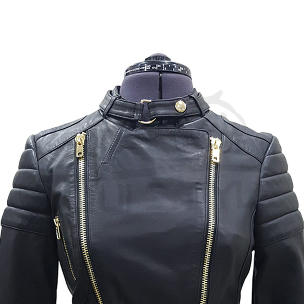 Black Leather Jacket Women Shiny Gold Zipper Charming Fashion OEM Pockets Customized Wholesale Genuine Leather Motorbike Jacket