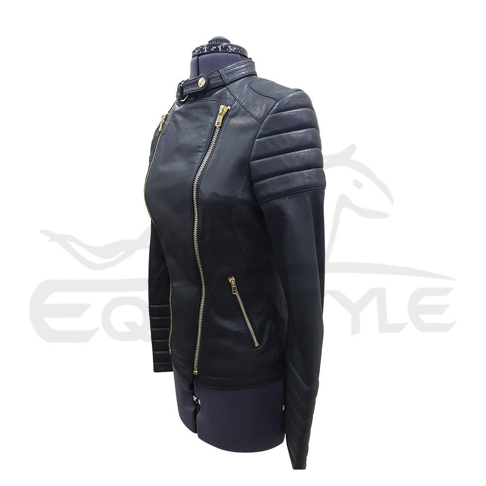 Black Leather Jacket Women Shiny Gold Zipper Charming Fashion OEM Pockets Customized Wholesale Genuine Leather Motorbike Jacket