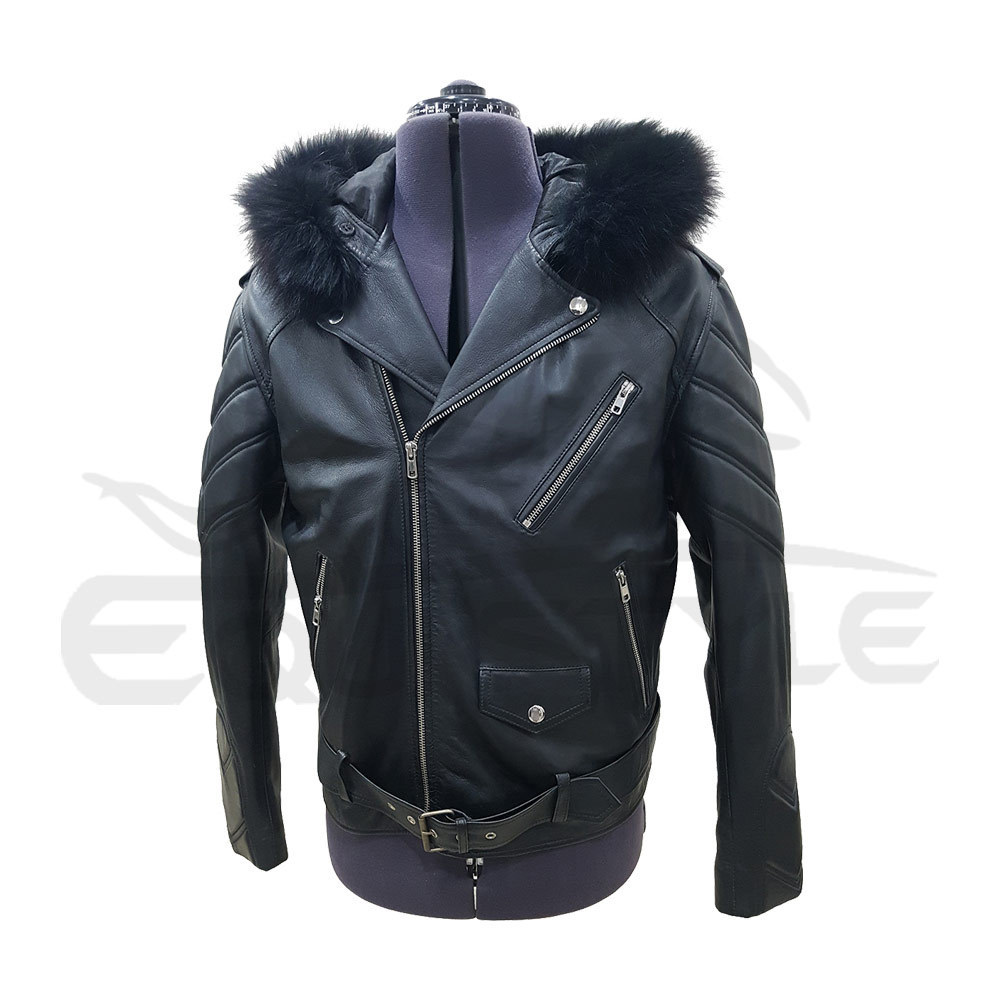 Moto Leather Jacket With Fur Hood High Quality Black Genuine Lambskin Jacket Adult Mens Fashion Plus Size Leather Jackets