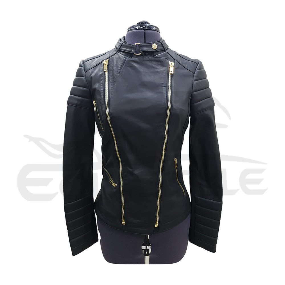 Black Leather Jacket Women Shiny Gold Zipper Charming Fashion OEM Pockets Customized Wholesale Genuine Leather Motorbike Jacket