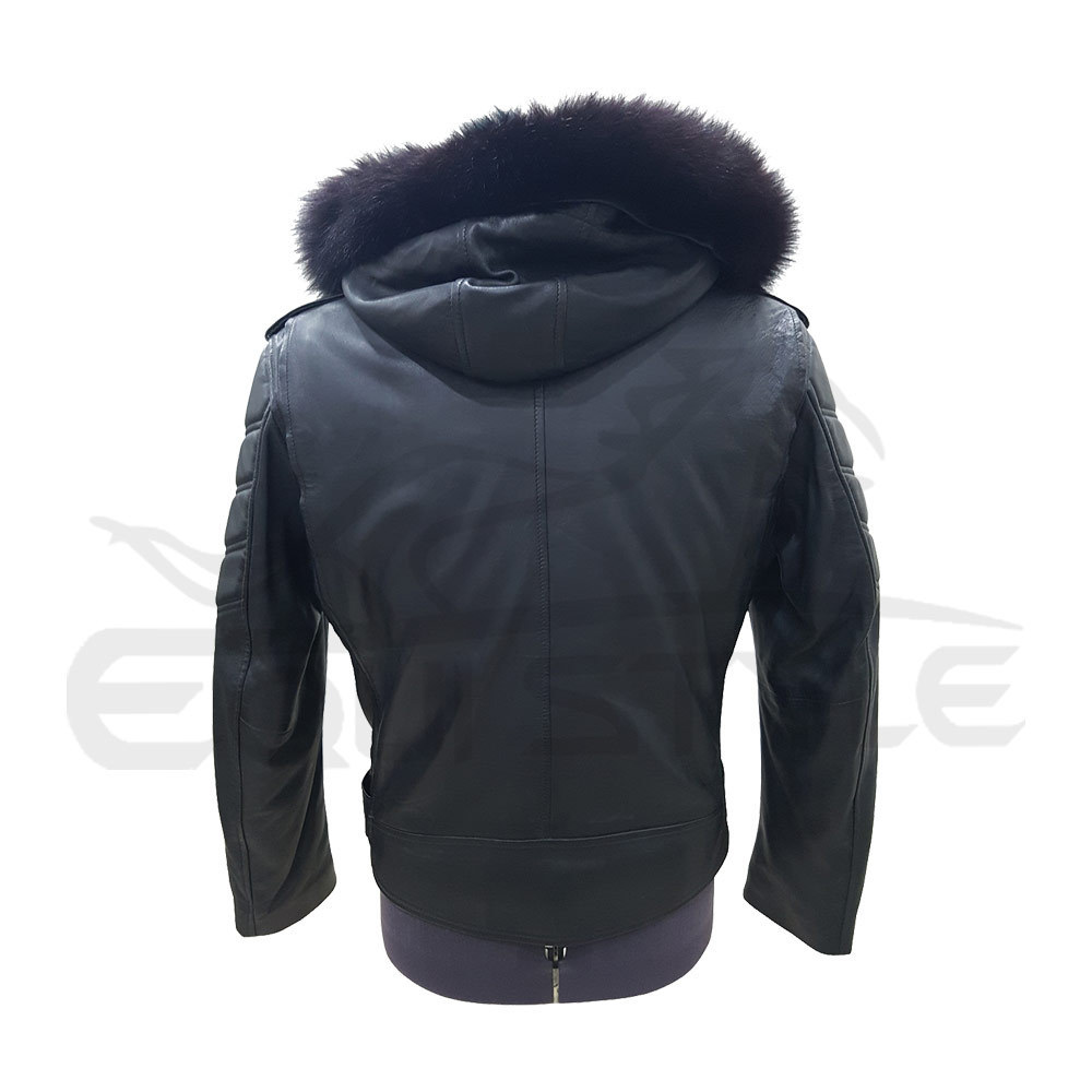 Moto Leather Jacket With Fur Hood High Quality Black Genuine Lambskin Jacket Adult Mens Fashion Plus Size Leather Jackets