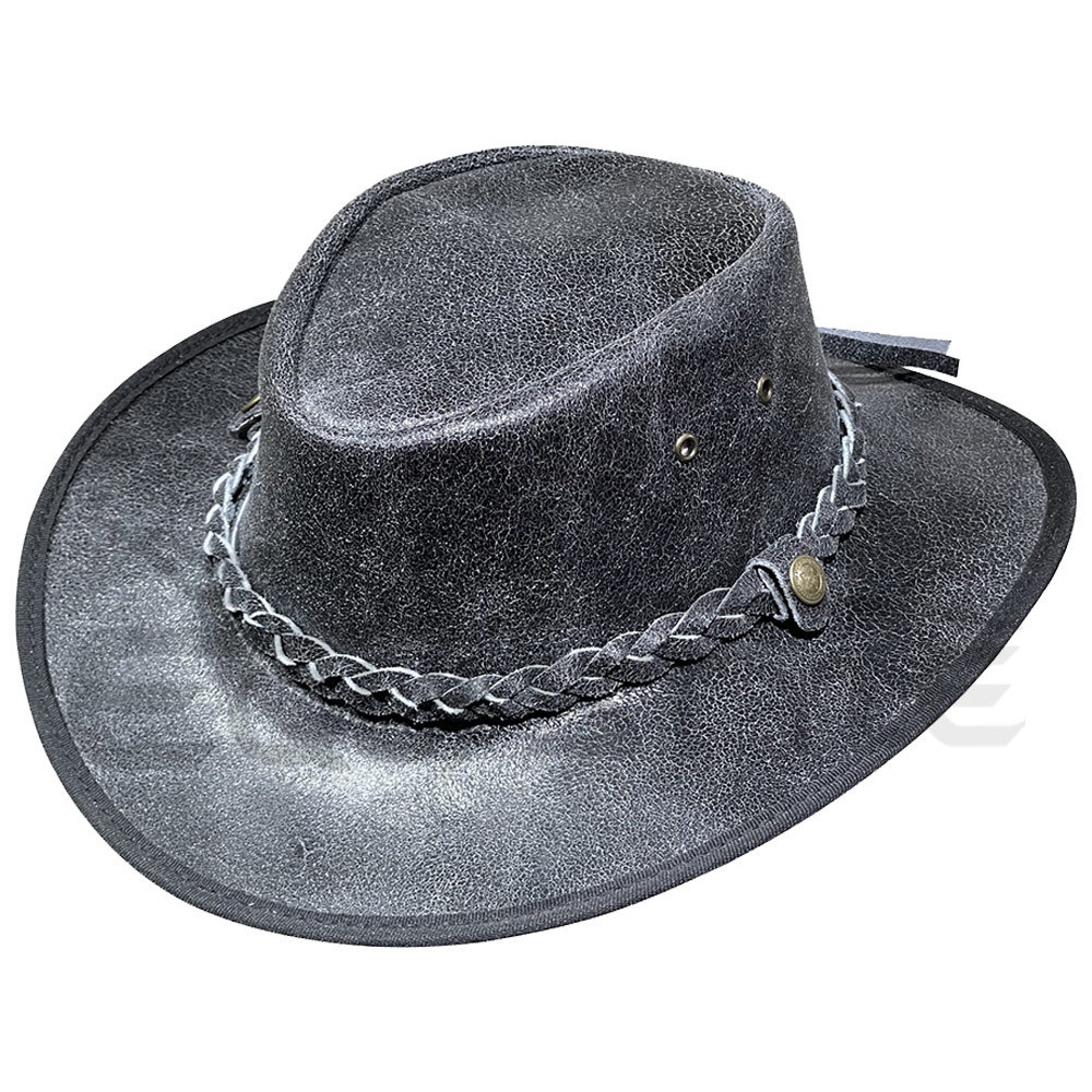 Classic Style Australian Hat Plain Black Strap Hatband Light Gray Real Leather Cowboy Hats Custom Logo Inner Print Western Hat