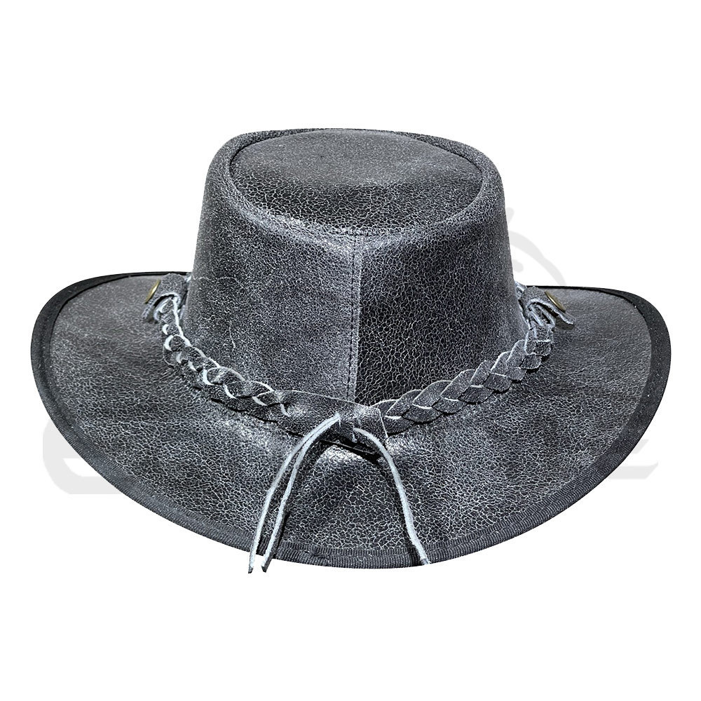 Classic Style Australian Hat Plain Black Strap Hatband Light Gray Real Leather Cowboy Hats Custom Logo Inner Print Western Hat