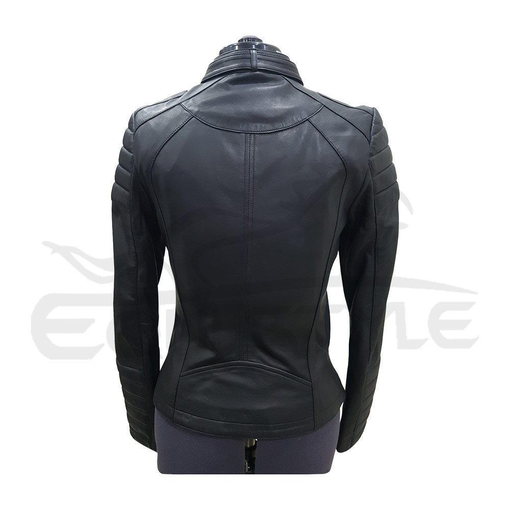 Black Leather Jacket Women Shiny Gold Zipper Charming Fashion OEM Pockets Customized Wholesale Genuine Leather Motorbike Jacket