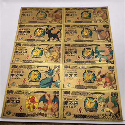 More designs Japan Anime Poke-mon Pikachu Golden Ticket Gold Banknote Silver Foil Game Playing Cards For Nice Gift