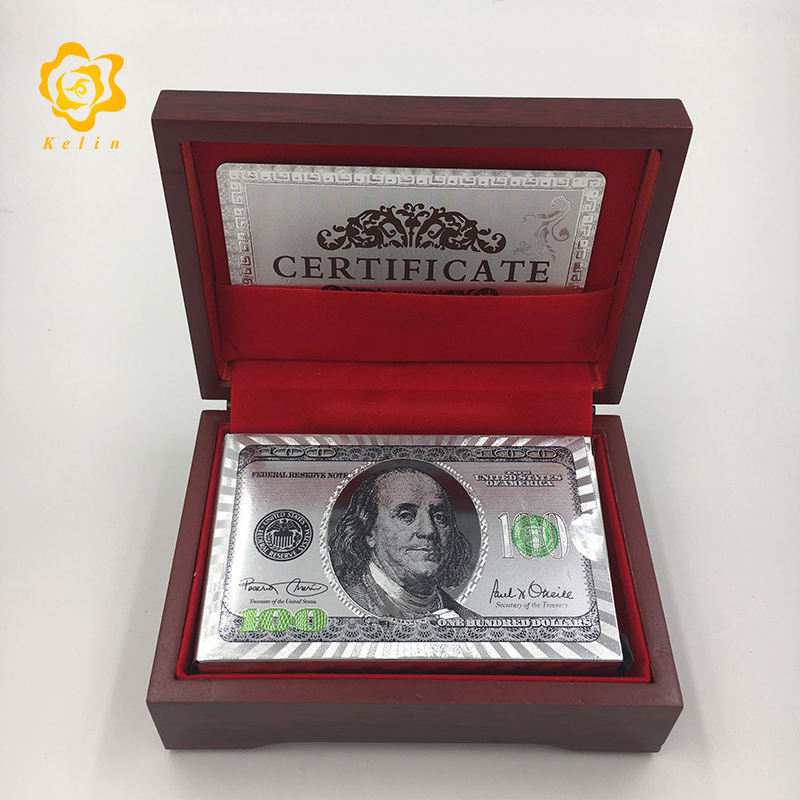 100 dollar bill 999.9 24k gold silver foil playing poker cards with wooden box