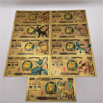 More designs Japan Anime Poke-mon Pikachu Golden Ticket Gold Banknote Silver Foil Game Playing Cards For Nice Gift