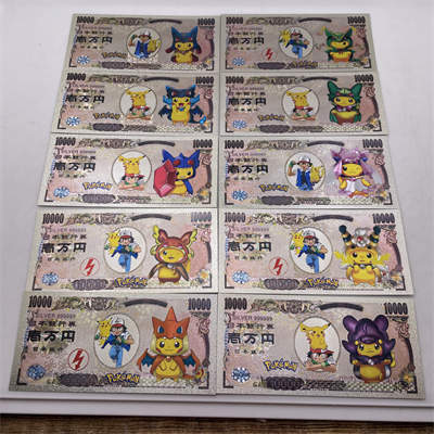 More designs Japan Anime Poke-mon Pikachu Golden Ticket Gold Banknote Silver Foil Game Playing Cards For Nice Gift