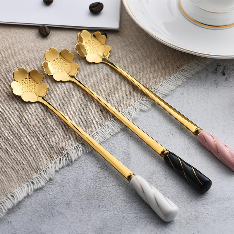 SUS 304 18/8 high quality Wedding Favor Gift Gold Stainless Steel Long Ceramic Handle Tea Coffee Spoon Teaspoon