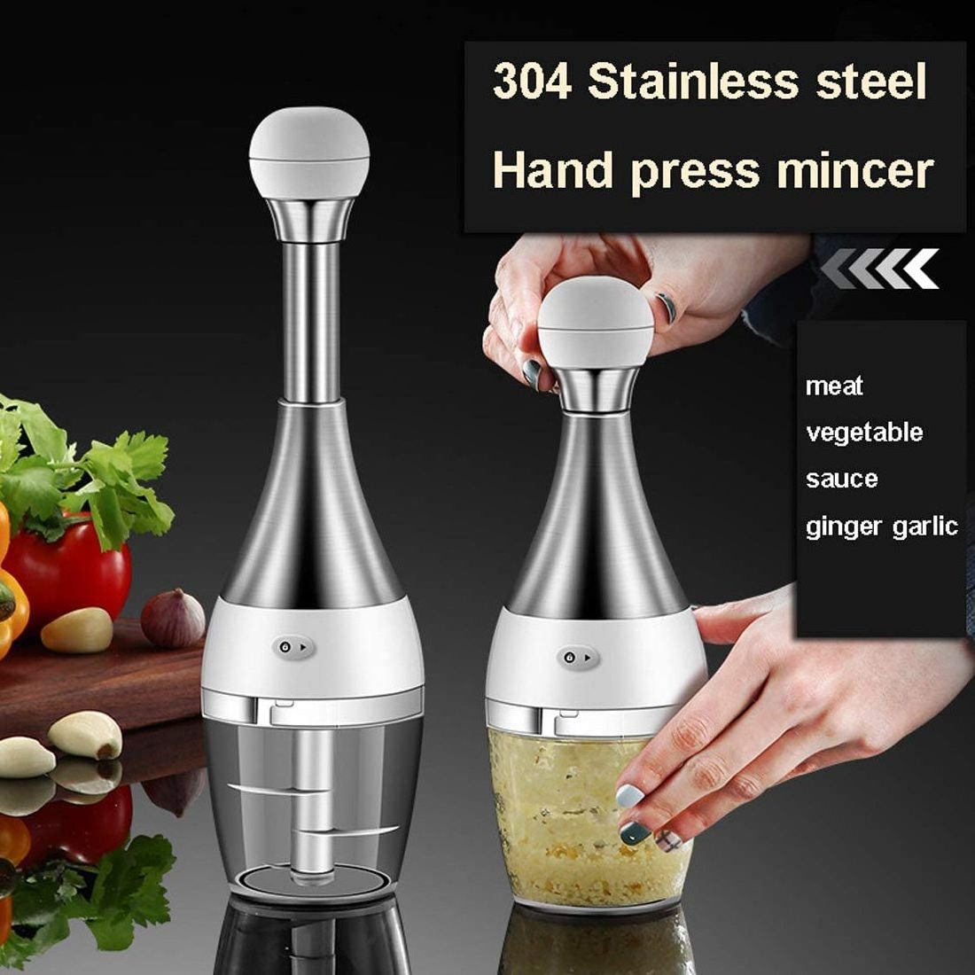 Customized logo 304 stainless steel Manual Hand Press Grinder Vegetable Onion Garlic Food Chopper