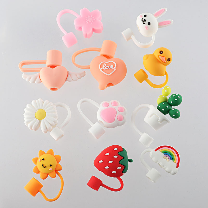 Hot Sell Cute Silicone Tips Cartoon Straw Toppers Covers Charms For Straws Reusable Straw Lid Dust Proof Cap