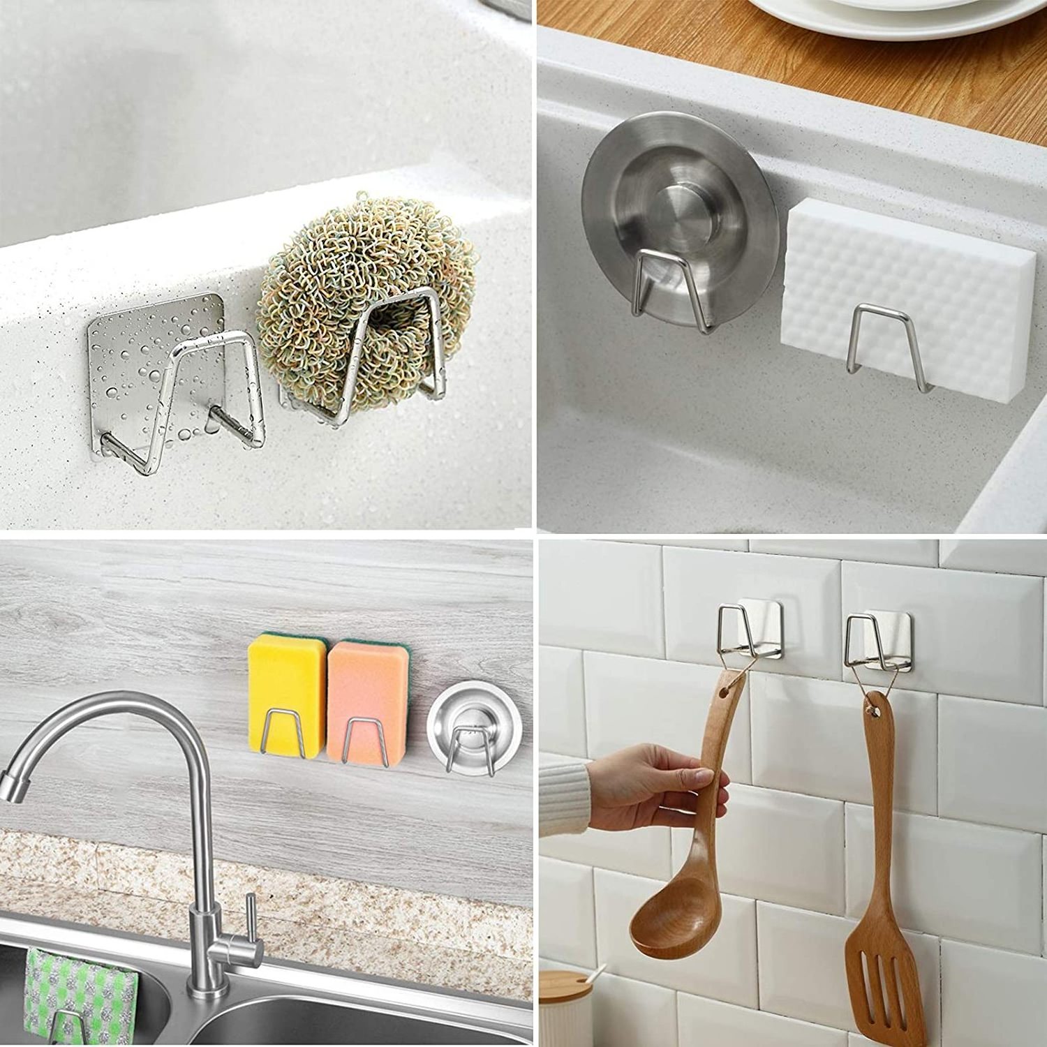 Kitchen Stainless Steel Sink Sponges Adhesive Holder Sink Caddy Storage Organizer Adhesive Drain Drying Rack Wall Hooks