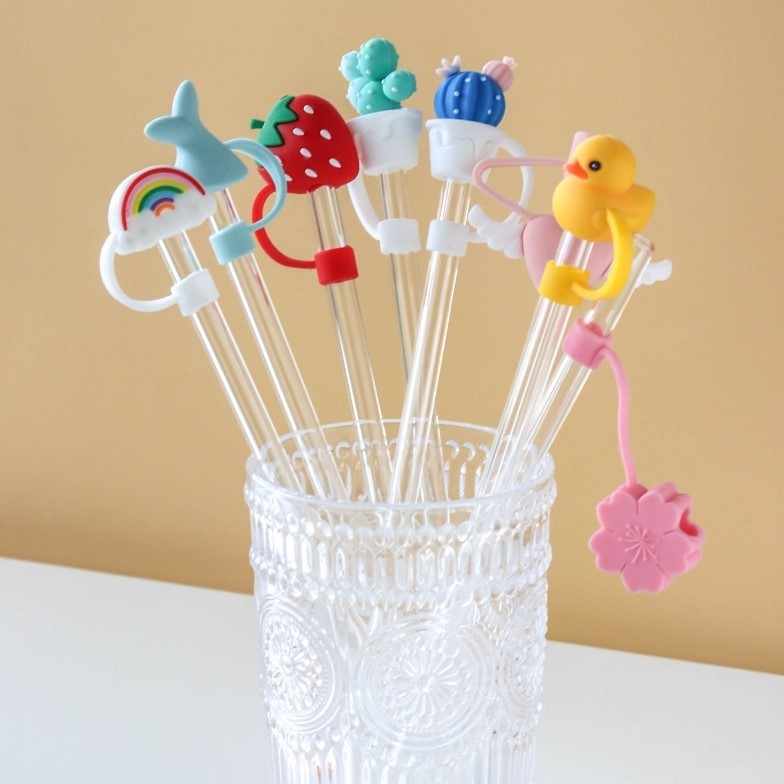 Hot Sell Cute Silicone Tips Cartoon Straw Toppers Covers Charms For Straws Reusable Straw Lid Dust Proof Cap