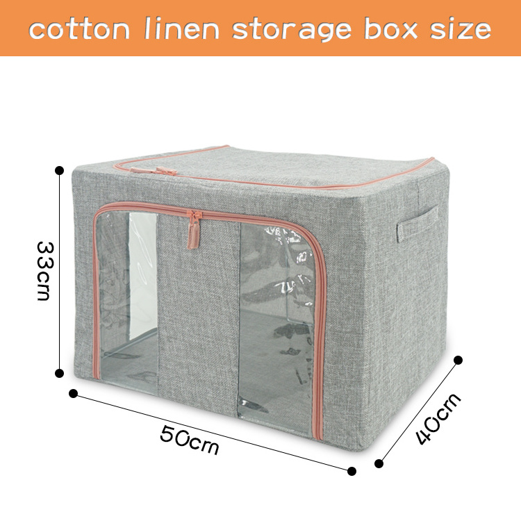 Foldable Clothes Storage Bins-Stackable Metal Frame Closet Storage Box-Cotton linen fabric Container Organizer with Clear Window