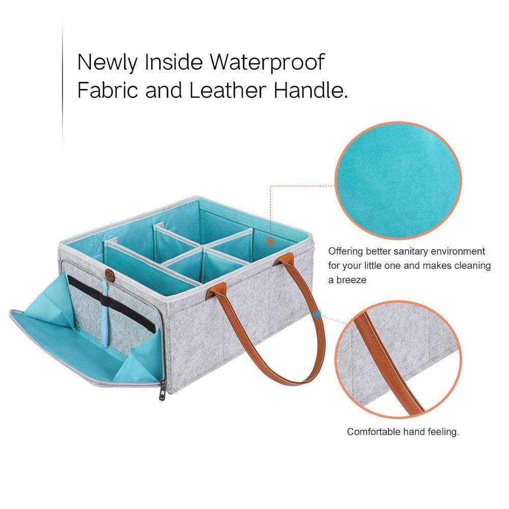 Large Capacity Waterproof Grey Felt Diaper Caddy Organizer Baby Nursery Storage Basket with Leather Handle and Detachable Lid