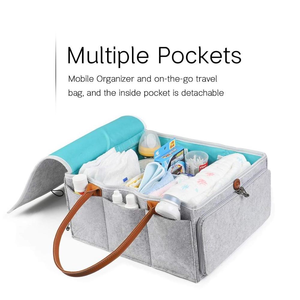 Large Capacity Waterproof Grey Felt Diaper Caddy Organizer Baby Nursery Storage Basket with Leather Handle and Detachable Lid