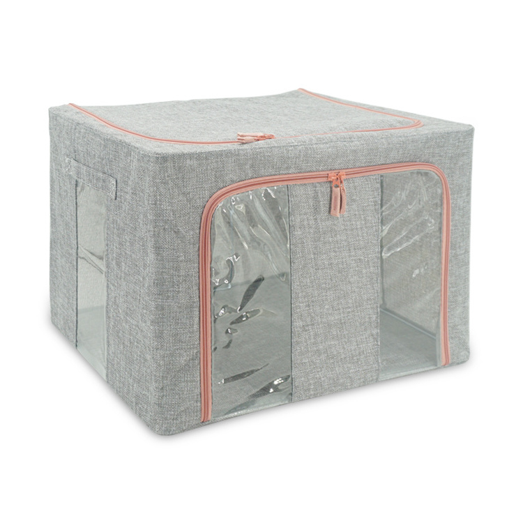 Foldable Clothes Storage Bins-Stackable Metal Frame Closet Storage Box-Cotton linen fabric Container Organizer with Clear Window