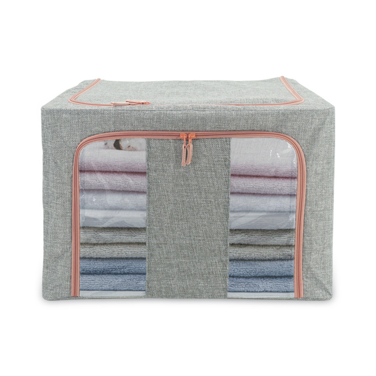 Foldable Clothes Storage Bins-Stackable Metal Frame Closet Storage Box-Cotton linen fabric Container Organizer with Clear Window