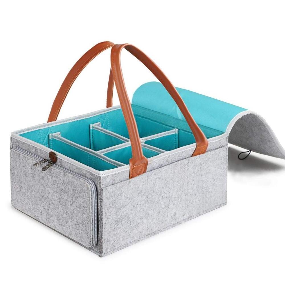 Large Capacity Waterproof Grey Felt Diaper Caddy Organizer Baby Nursery Storage Basket with Leather Handle and Detachable Lid