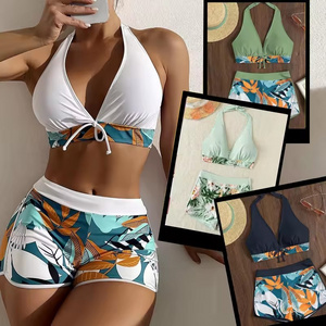 Wholesale Fitness Swimwear Bikini 2-Piece Set Sports Bra Boxer Shorts Classic Printed Beachwear Women Sexy Swimsuit