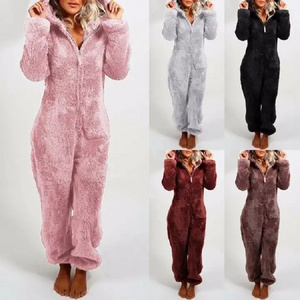 Winter Warm Pyjamas Women Cute Fluffy Fleece Jumpsuits Sleepwear Overall Plus Size Hooded One piece Pajamas For Ladies