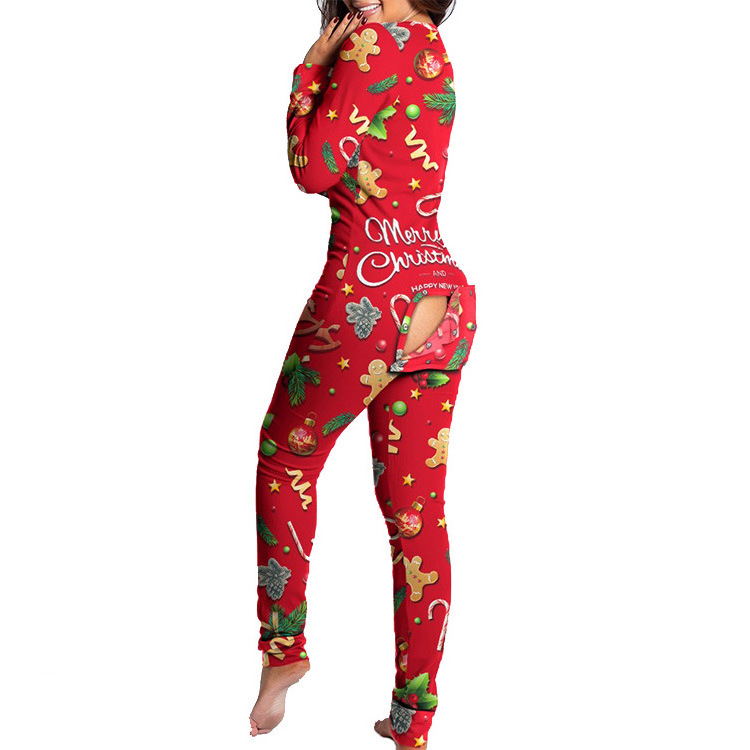 2023 Autumn winter button adult women cartoon Christmas pyjamas pajamas printed long-sleeved onesie Rompers jumpsuit