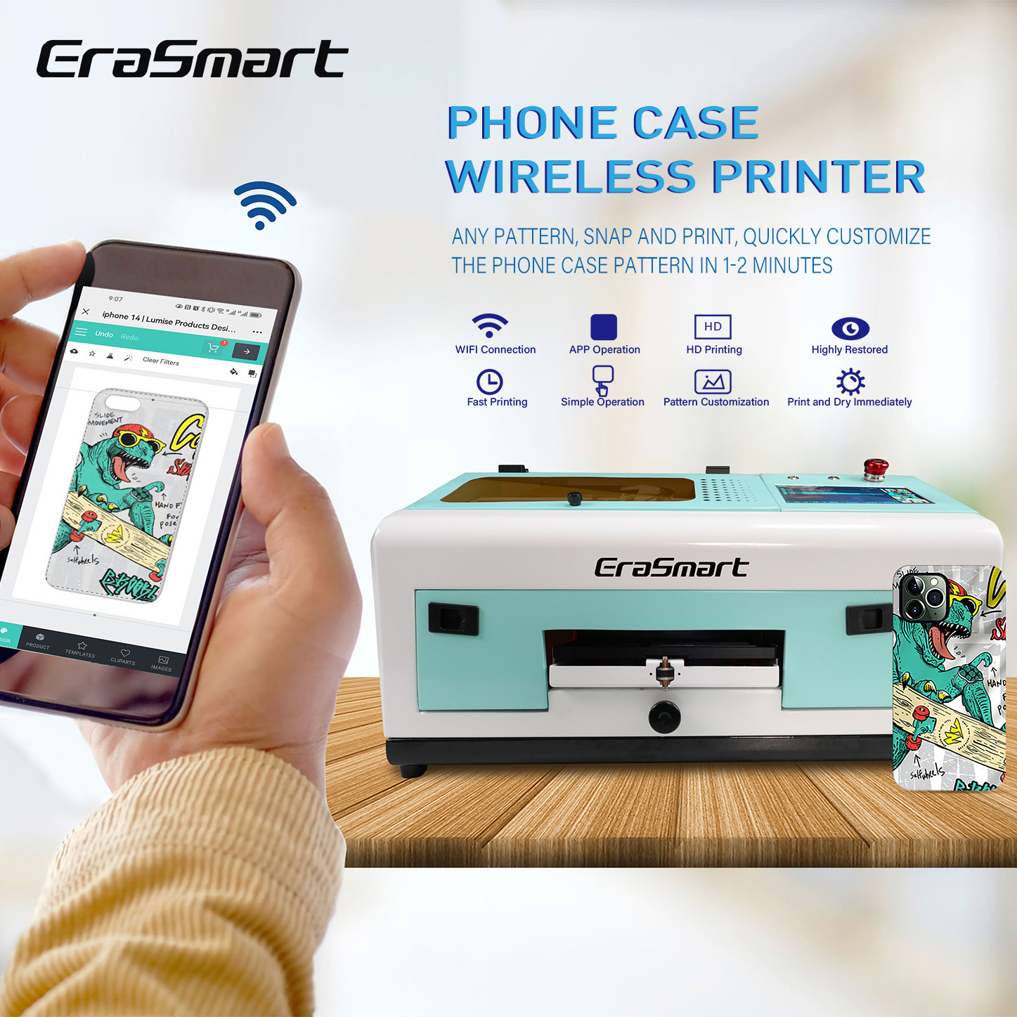 Erasmart Small Economical suitable printing Leather ID Card Mobile Wifi printer automatic Direct cloud phone case uv printer