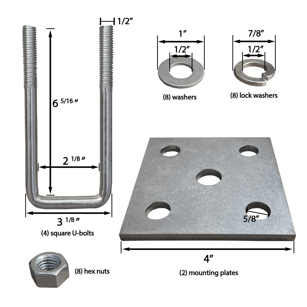 U Bolts & Plate Kit for Boat Trailer Axle Leaf Springs Galvanized Zinc, 2 1/8